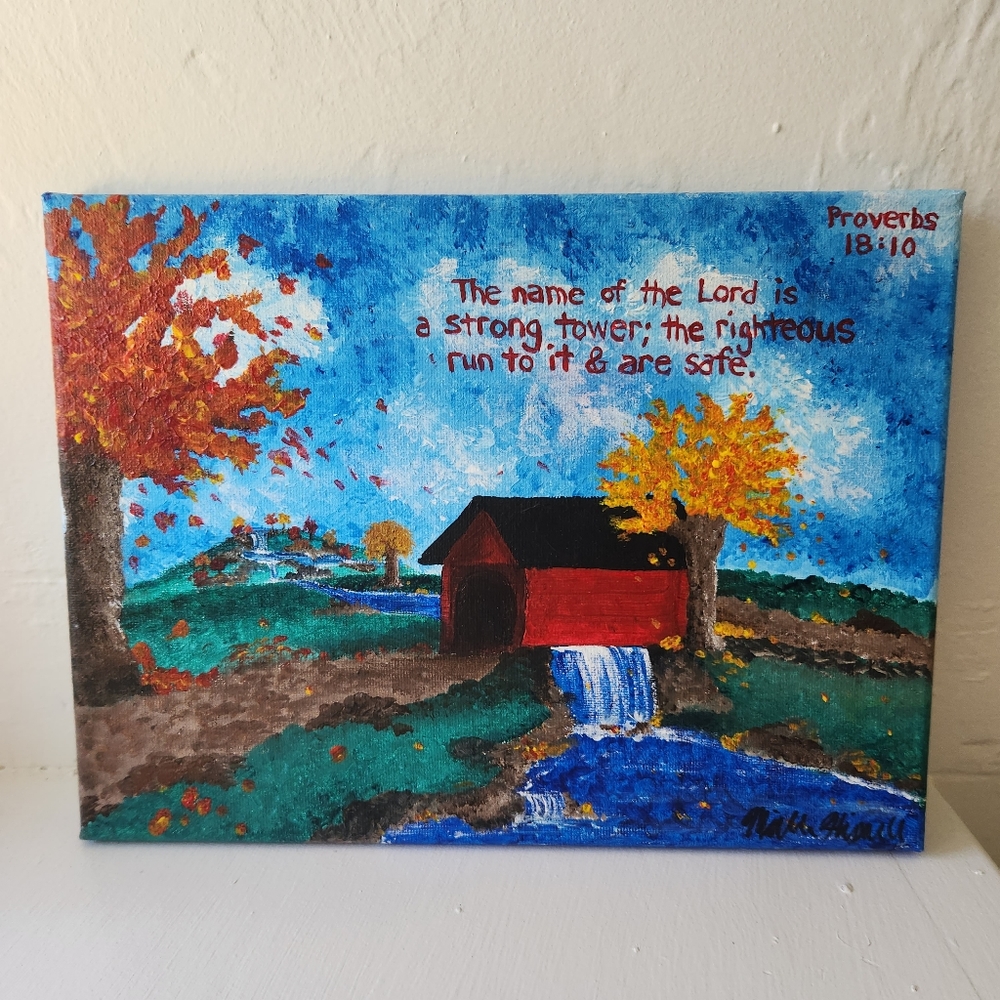 "Refuge" original art hand painted autumn scenery Bible Verse canvas decor